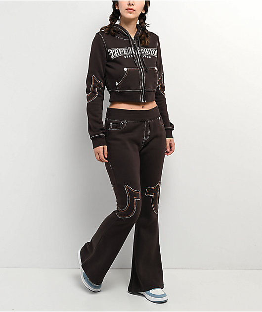 True Religion Shrunken Big T Brown Crop Zip Hoodie | Zumiez