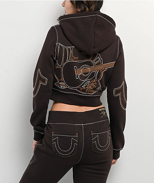 True Religion Shrunken Big T Brown Crop Zip Hoodie