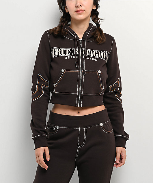 True Religion Shrunken Big T Brown Crop Zip Hoodie | Zumiez