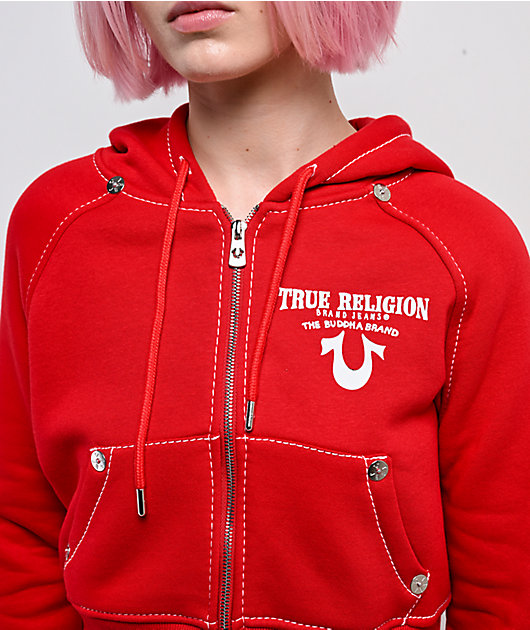 True Religion Shrunken Crystal Wing Barbados Cherry Red Crop Zip