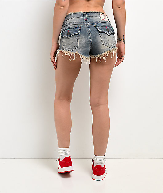 True Religion Spicy High Rise Foldover Flap Sunset Fade Wash Shorts