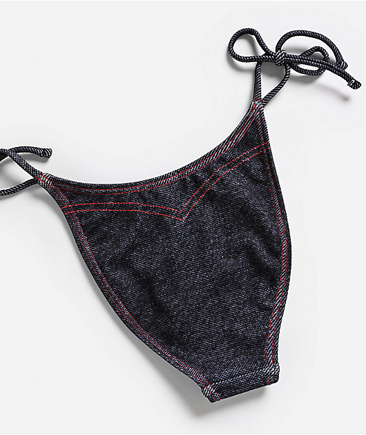 True Religion Stitching Logo Blue High Leg Bikini Bottom