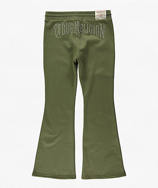 True Religion Studded Burnt Olive Flare Sweatpants