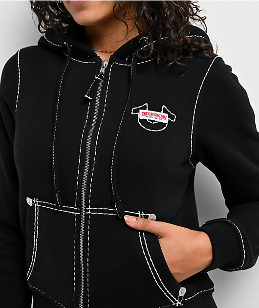 True Religion Super T Fleece Black Crop Zip Hoodie | Zumiez