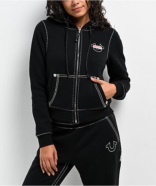 True Religion Super T Fleece Black Crop Zip Hoodie | Zumiez