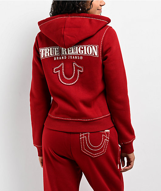 True Religion Super T Fleece Ruby Red Crop Zip Hoodie