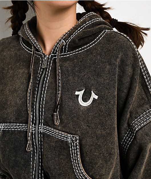 True Religion Super T Rust Brown Wash Crop Zip Hoodie
