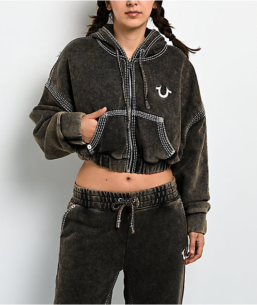True Religion Super T Rust Brown Wash Crop Zip Hoodie
