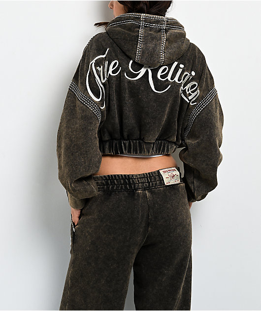 True Religion Super T Rust Brown Wash Crop Zip Hoodie