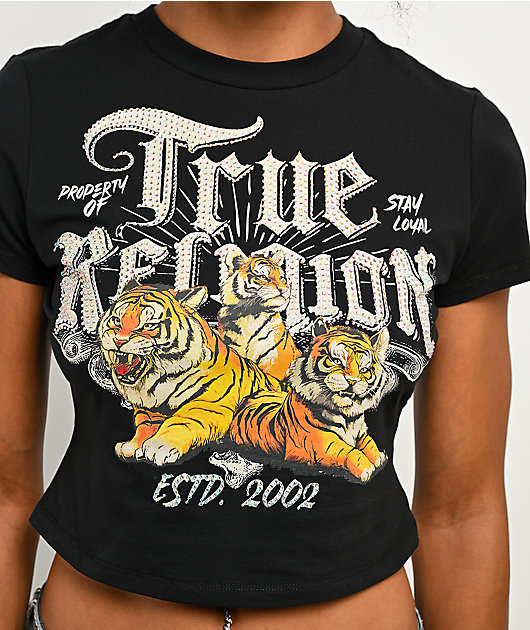 True Religion Tiger Rhinestone Black Crop T-Shirt