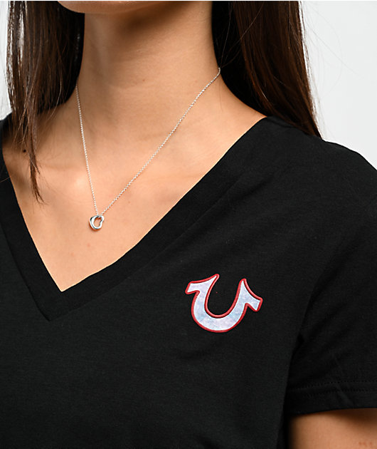 True Religion Tropical Denim Horseshoe Black V-Neck T-Shirt