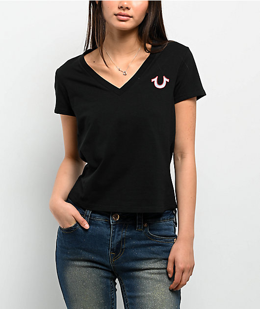 True Religion Tropical Denim Horseshoe Black V-Neck T-Shirt