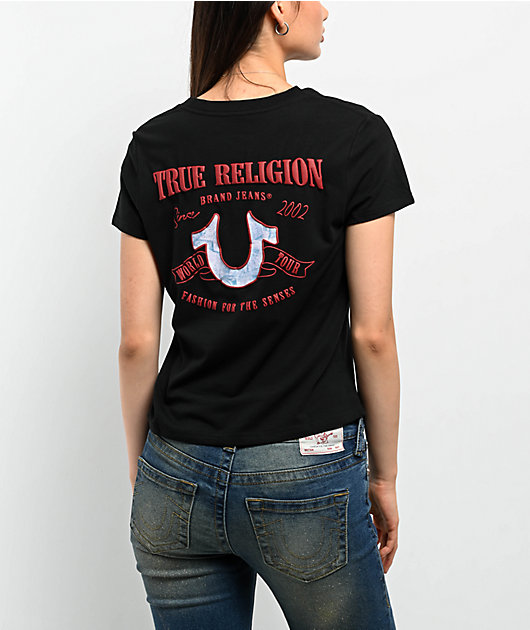 True Religion Tropical Denim Horseshoe Black V-Neck T-Shirt