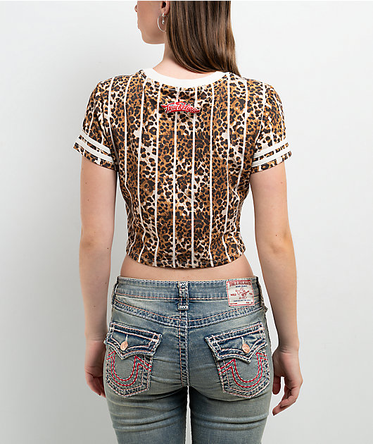 True Religion True Sport Stripe Leopard Print Crop T-Shirt