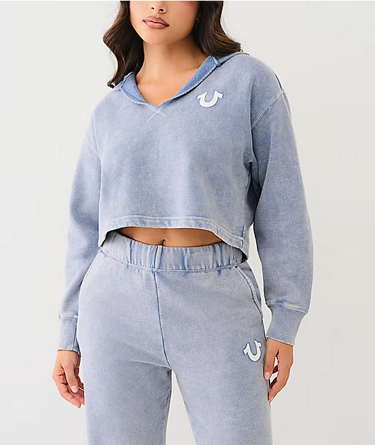 True Religion V Notch Blue Fog Wash Crop Hoodie