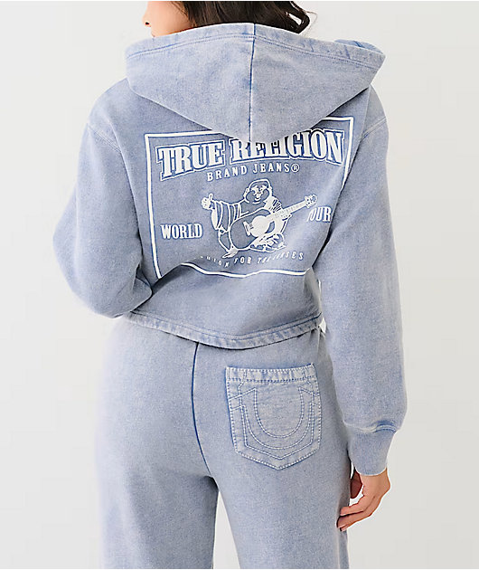 True Religion V Notch Blue Fog Wash Crop Hoodie
