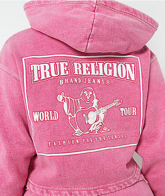 True Religion V Notch Very Berry Pink Wash Crop Hoodie | Zumiez
