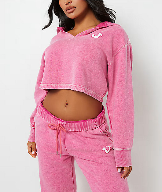True Religion V Notch Very Berry Pink Wash Crop Hoodie | Zumiez