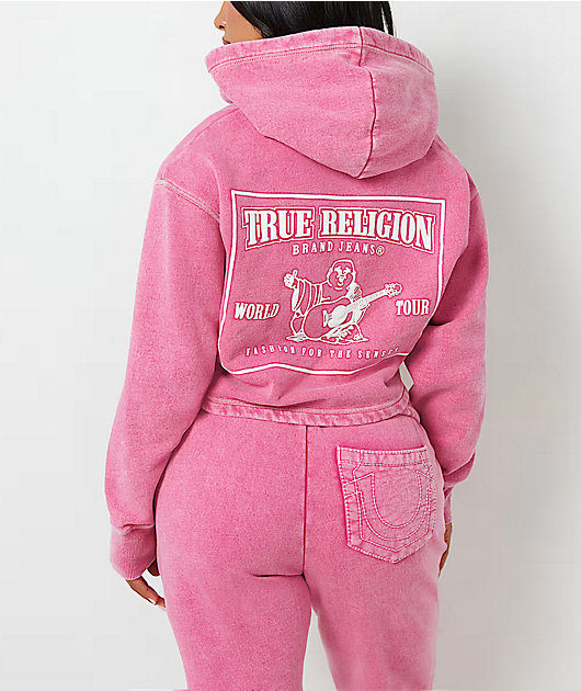 True Religion V Notch Very Berry Pink Wash Crop Hoodie | Zumiez