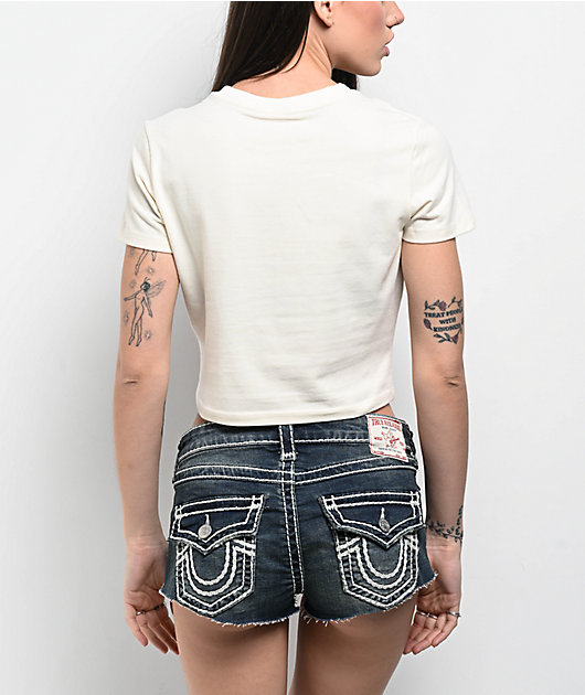 True Religion Vintage Cherry Logo Winter White Crop T-Shirt