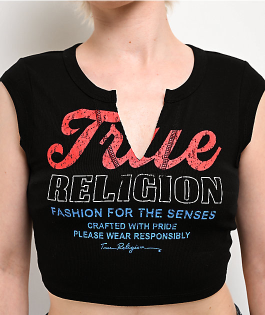 True Religion Vintage Logo V Notch Black Crop T-Shirt