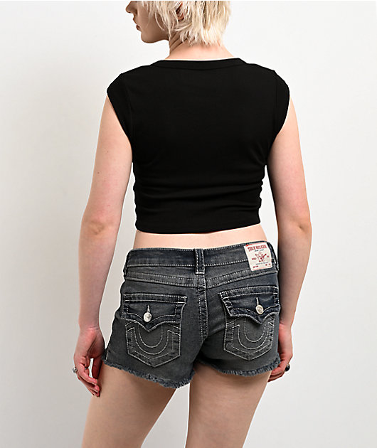 True Religion Vintage Logo V Notch Black Crop T-Shirt