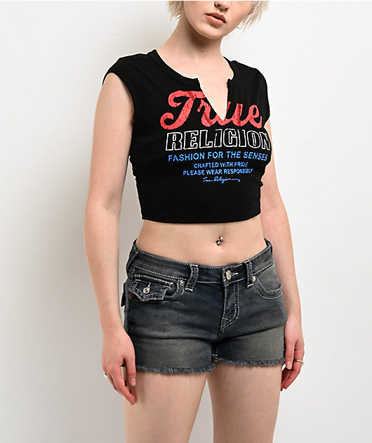 True Religion Vintage Logo V Notch Black Crop T-Shirt