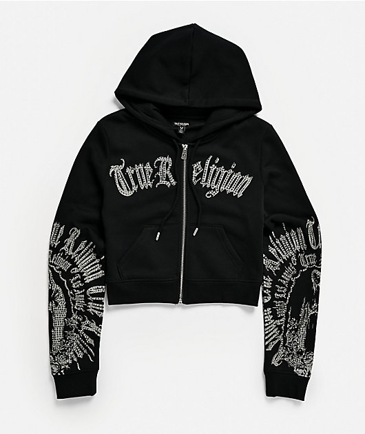 True Religion Virgin Mary Shrunken Black Zip Hoodie