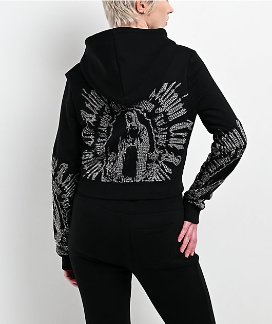 True Religion Virgin Mary Shrunken Black Zip Hoodie