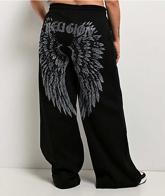 True Religion Winged Crystal Black Baggy Sweatpants