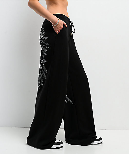 True Religion Winged Crystal Black Baggy Sweatpants