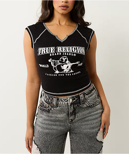 True Religion World Tour Notch Black Ribbed Crop T-Shirt | Zumiez