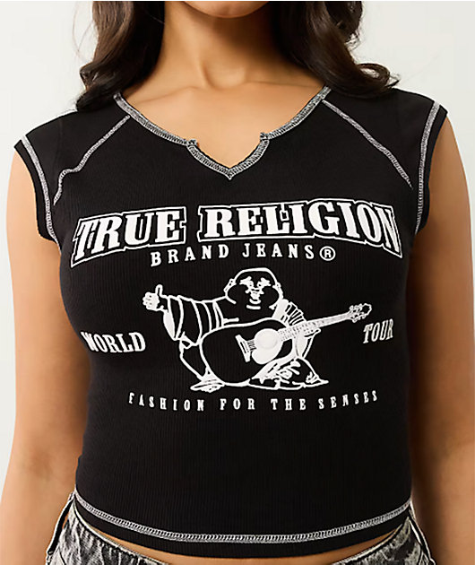 True Religion World Tour Notch Black Ribbed Crop T-Shirt | Zumiez