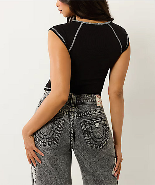 True Religion World Tour Notch Black Ribbed Crop T-Shirt | Zumiez