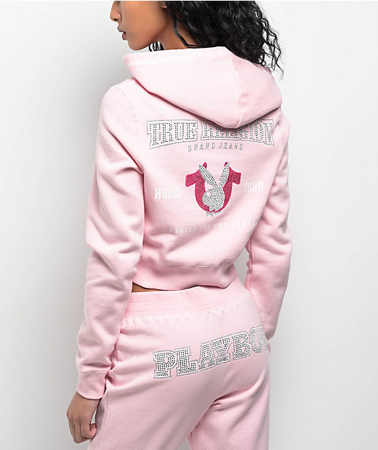 True Religion x Playboy Crystal Pink Crop Zip Hoodie | Zumiez