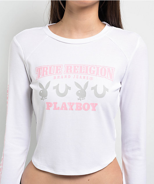 True Religion x Playboy Logo White Long Sleeve Crop T-Shirt
