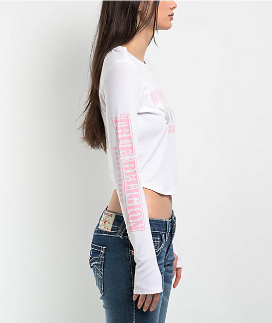 True Religion x Playboy Logo White Long Sleeve Crop T-Shirt