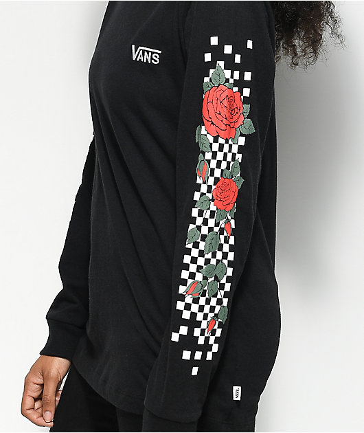 vans rose checkered sleeve black hoodie