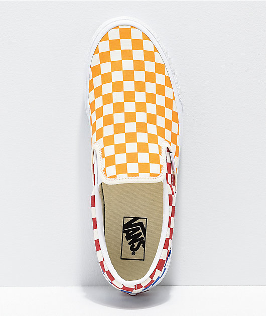 red blue and yellow vans slip ons