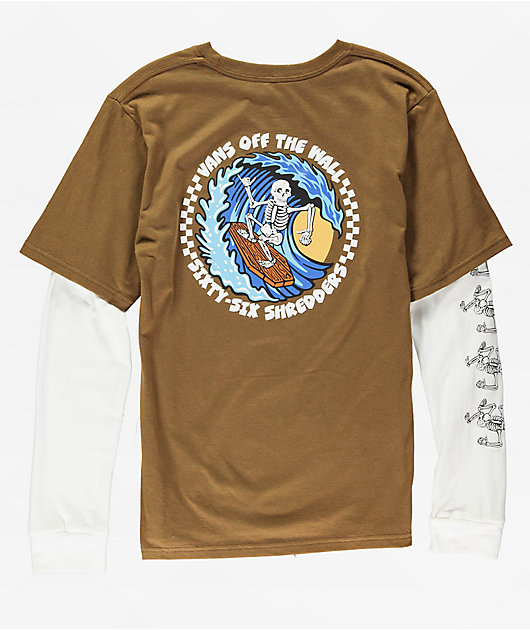 Vans Kids 66 Shredders Brown White Twofer Long Sleeve T-Shirt