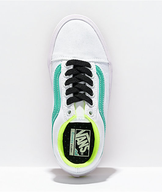 Entertainment Compare Turkey Vans Old Skool ComfyCush White, Teal & Fluorescent Yellow Skate Shoes