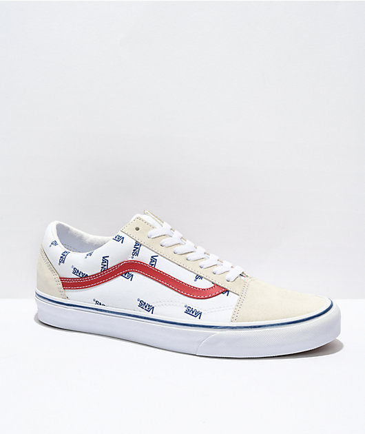 Vans Old Skool Print White, Blue Red Skate Shoes