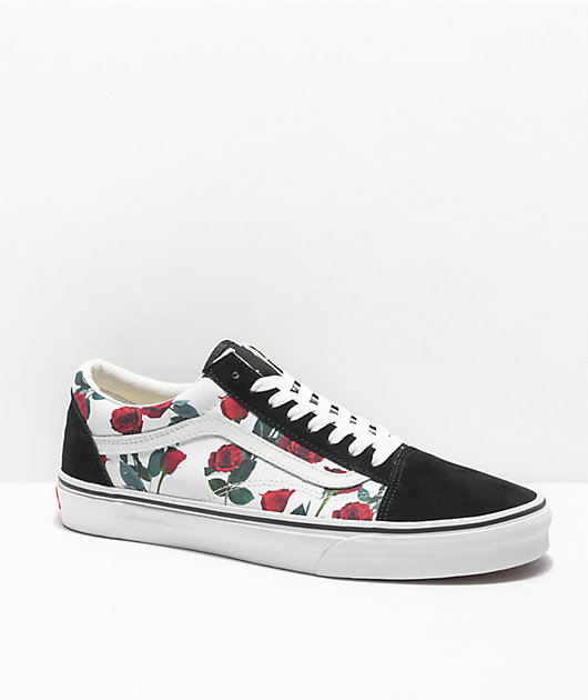 tape Zoo at night exit Vans Old Skool Red Roses Black, White & Red Skate Shoes