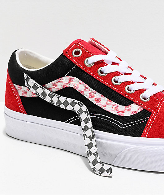 red black and white vans with straps