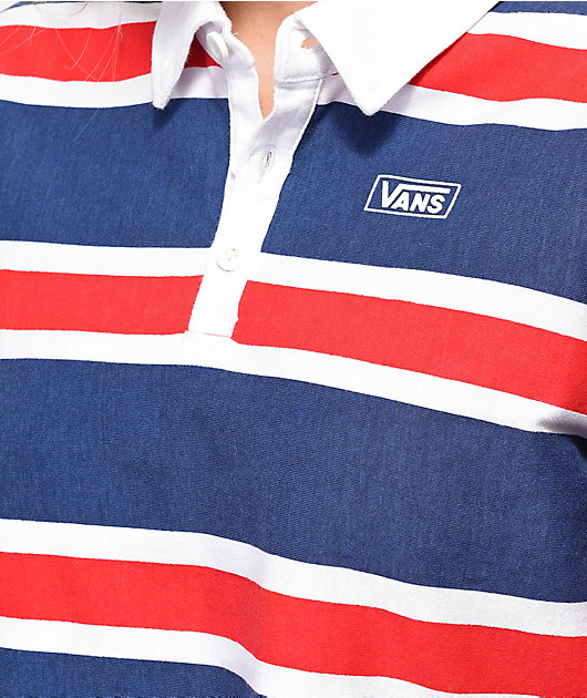 Blue Striped Crop Long Sleeve Polo Shirt, Red White Blue Rugby Shirt