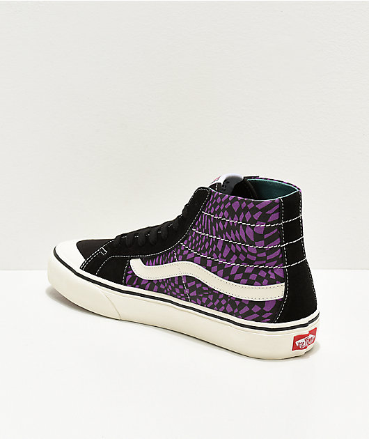 purple and black high top vans