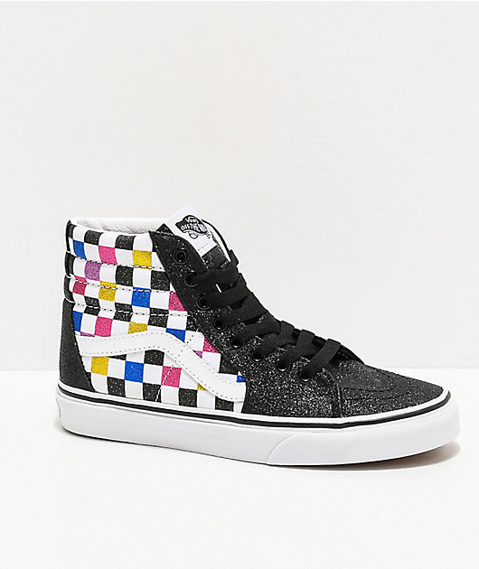 Vans Sk8-Hi Glitter Checkerboard Black & White Skate Shoes لعبة الجاكارو