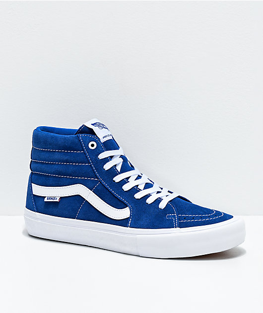 white high top vans with blue stripe