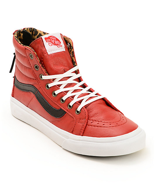 Vans Sk8-Hi Slim Red Leather Zip Shoes 