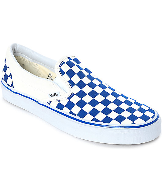 light blue slip on vans with checkerboard stripe
